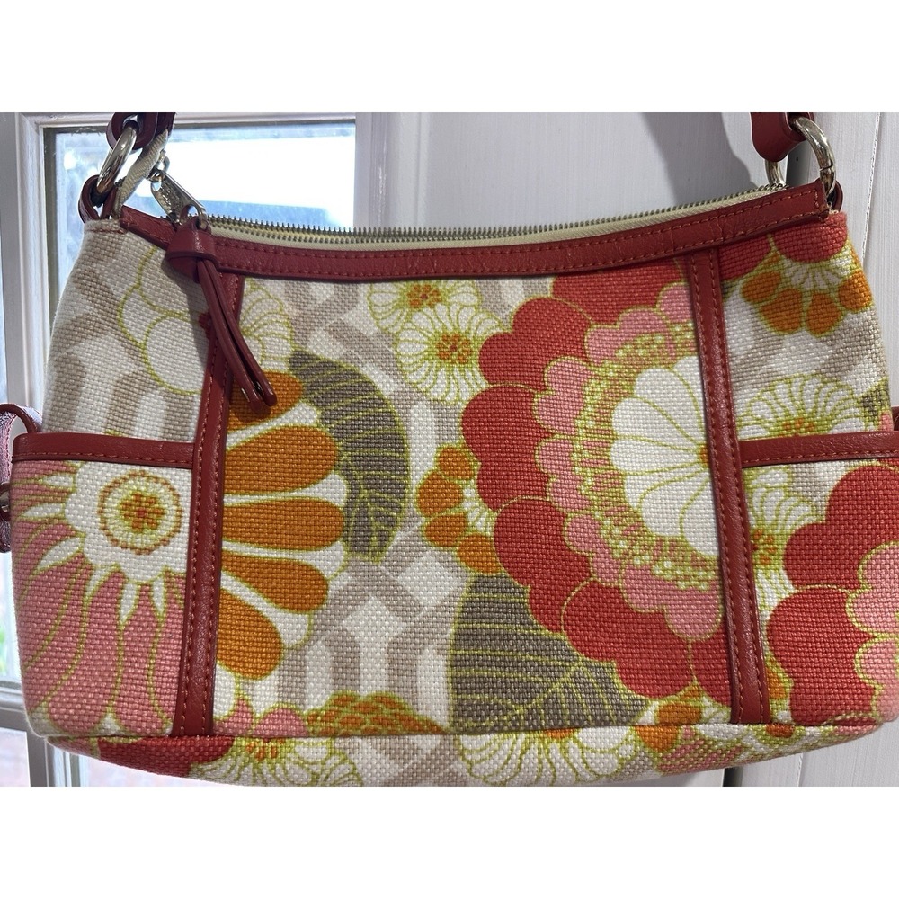 Spartina 449 Floral Linen Shoulder Bag Red Leather Trim Daufuskie Island 13x8 In - Picture 4 of 14